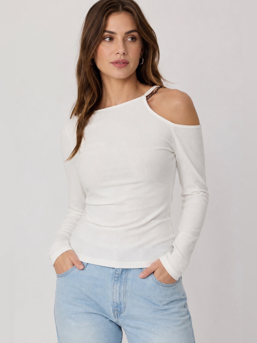 Robert Rodriguez Cold Shoulder Ribbed Chain Detail Top White NWT